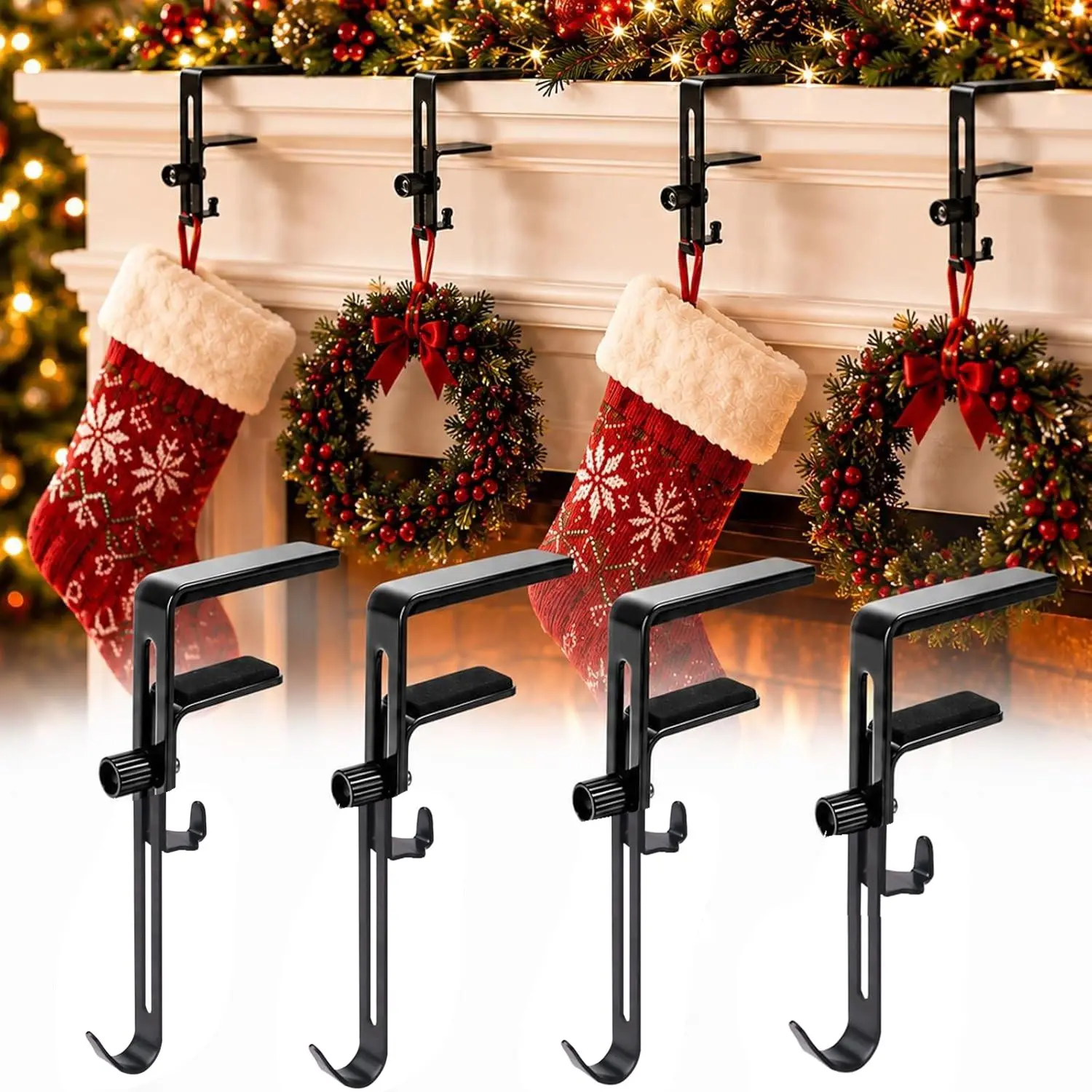 4pcs Adjustable 2-in-1 Christmas Mantel Stocking Holder,No Drill Heavy Duty Metal Hooks,Reusable Fireplace Hanger for Stocking And Garland,Xmas Home Holiday Decor