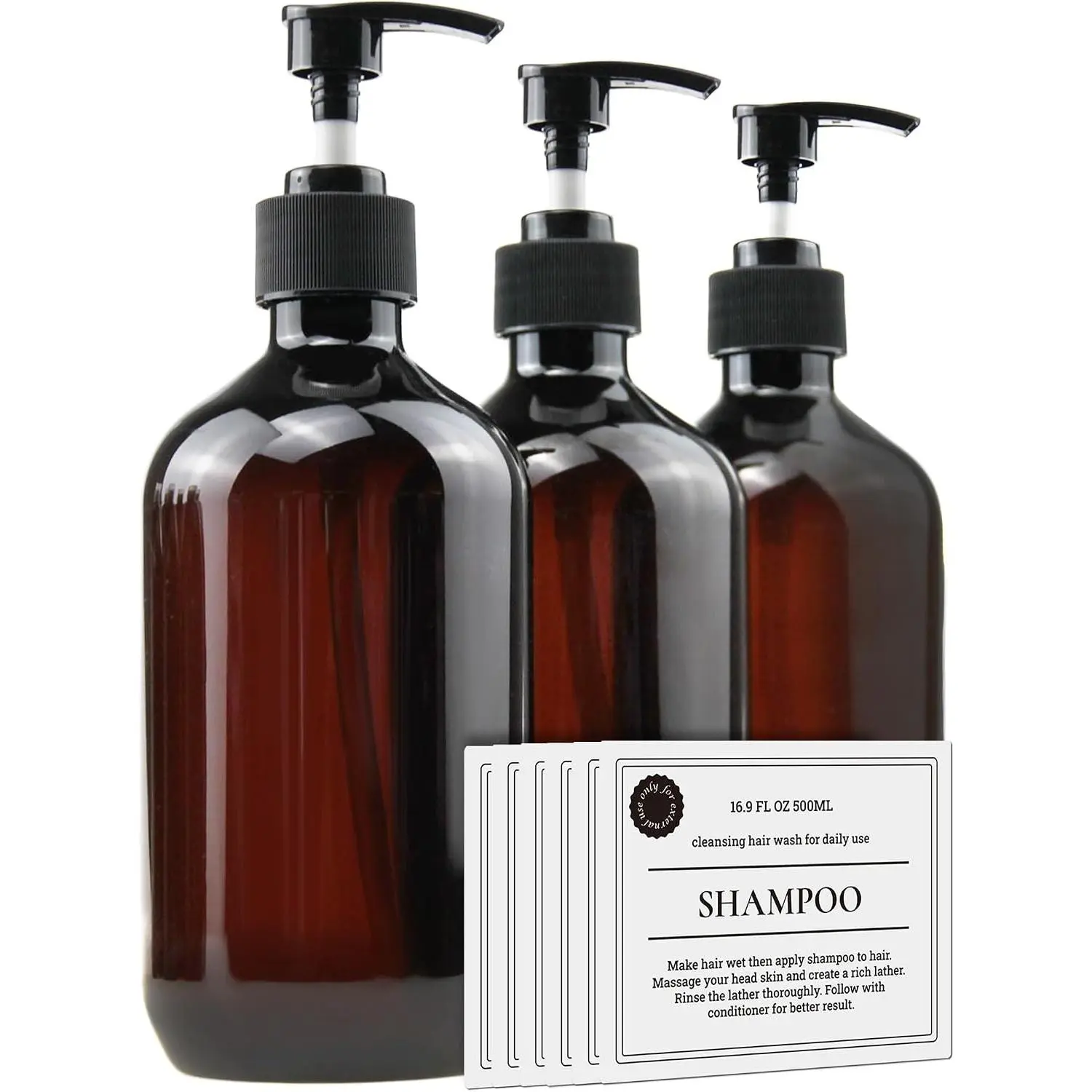 500ml/16.9oz Amber Plastic Pump Bottles, 3 Pack - Refillable Travel Containers with 6 Labels for Hand Sanitizer, Shampoo, Lotion - BPA-Free & Paraben-FreeGift