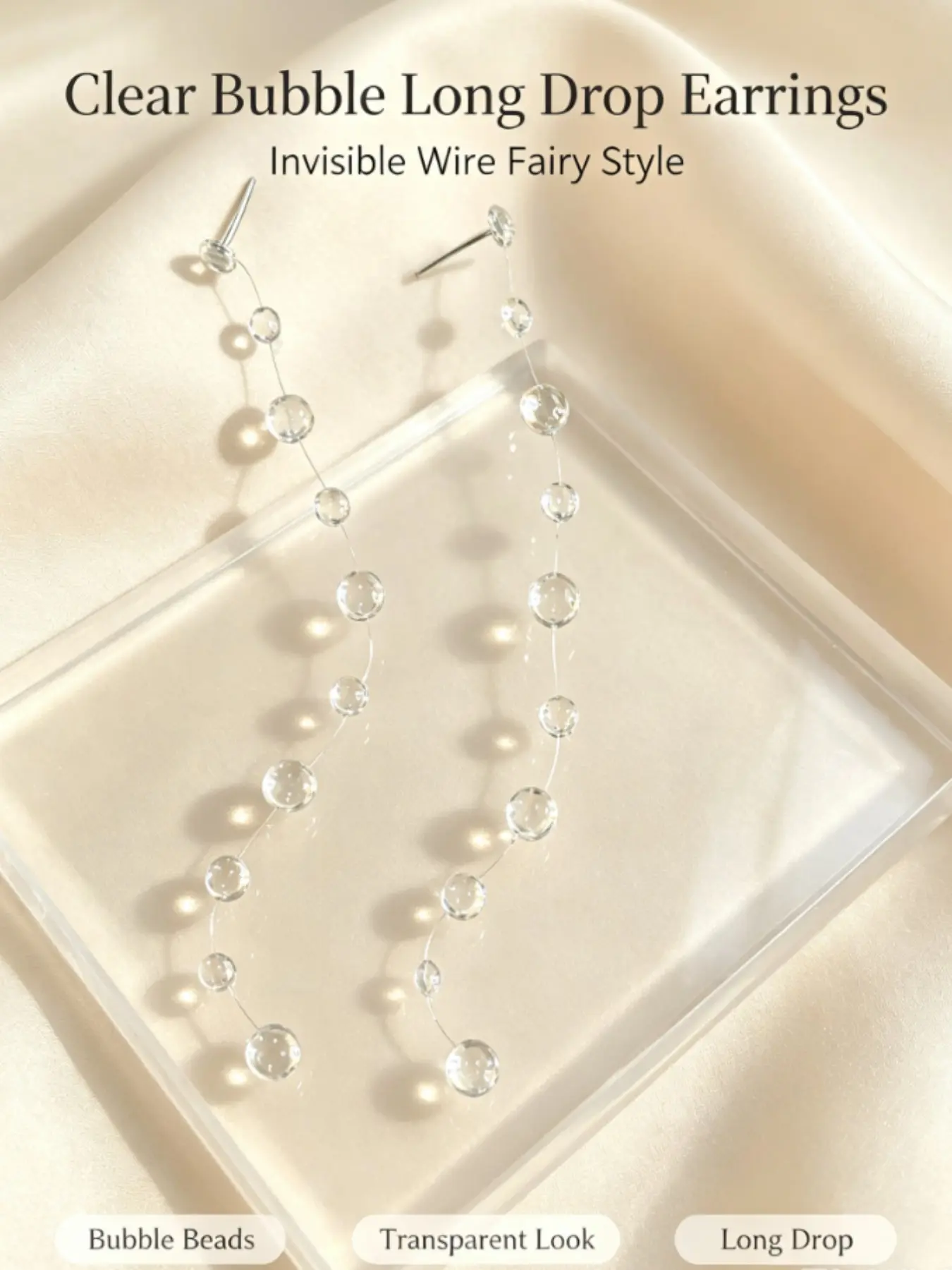 Pair of Invisible Fishing Line Earrings, Graduated Bubble Beads, Long Drop Ear Studs, Minimalist High-End Design, Transparent Waterdrop Bubbles, Versatile Commuter Jewelry