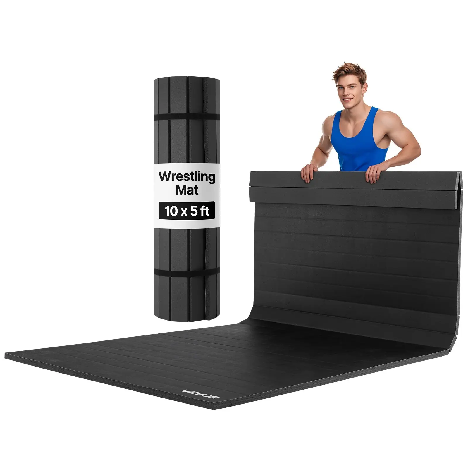 VEVOR 10x5 ft Large Flexible Cushioned Wrestling Mat, Thick Waterproof PVC Roll-Up Mat for Home Gym Workouts, Martial Arts, Jiu Jitsu BJJ, Black