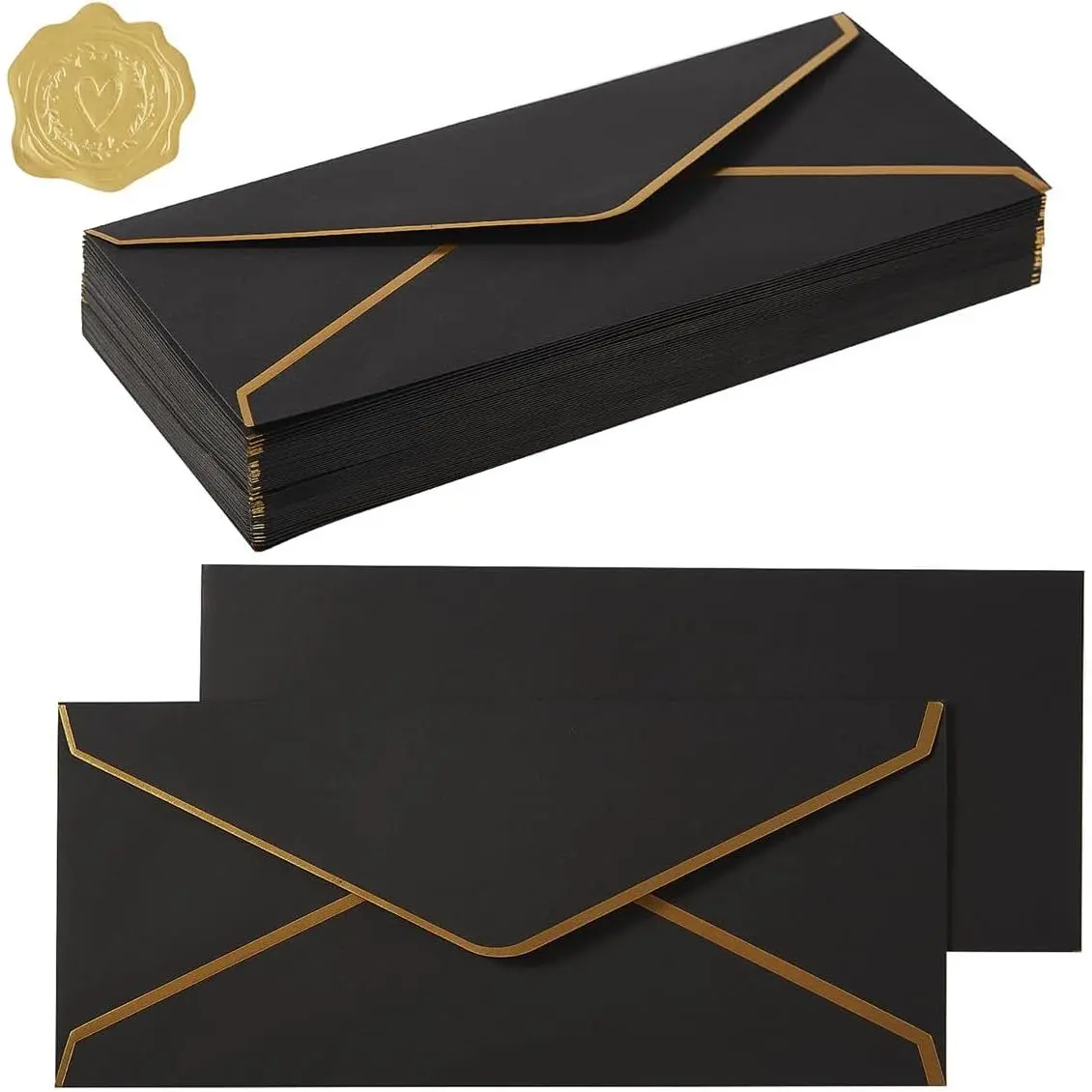 100 Pack #10 Business Envelopes with Gold Border, Self Seal Standard Envelopes with Gold Stickers for Office, Checks, Letter Mailing, Invoices, 4 1/8 x 9 1/2 Inches (Black)