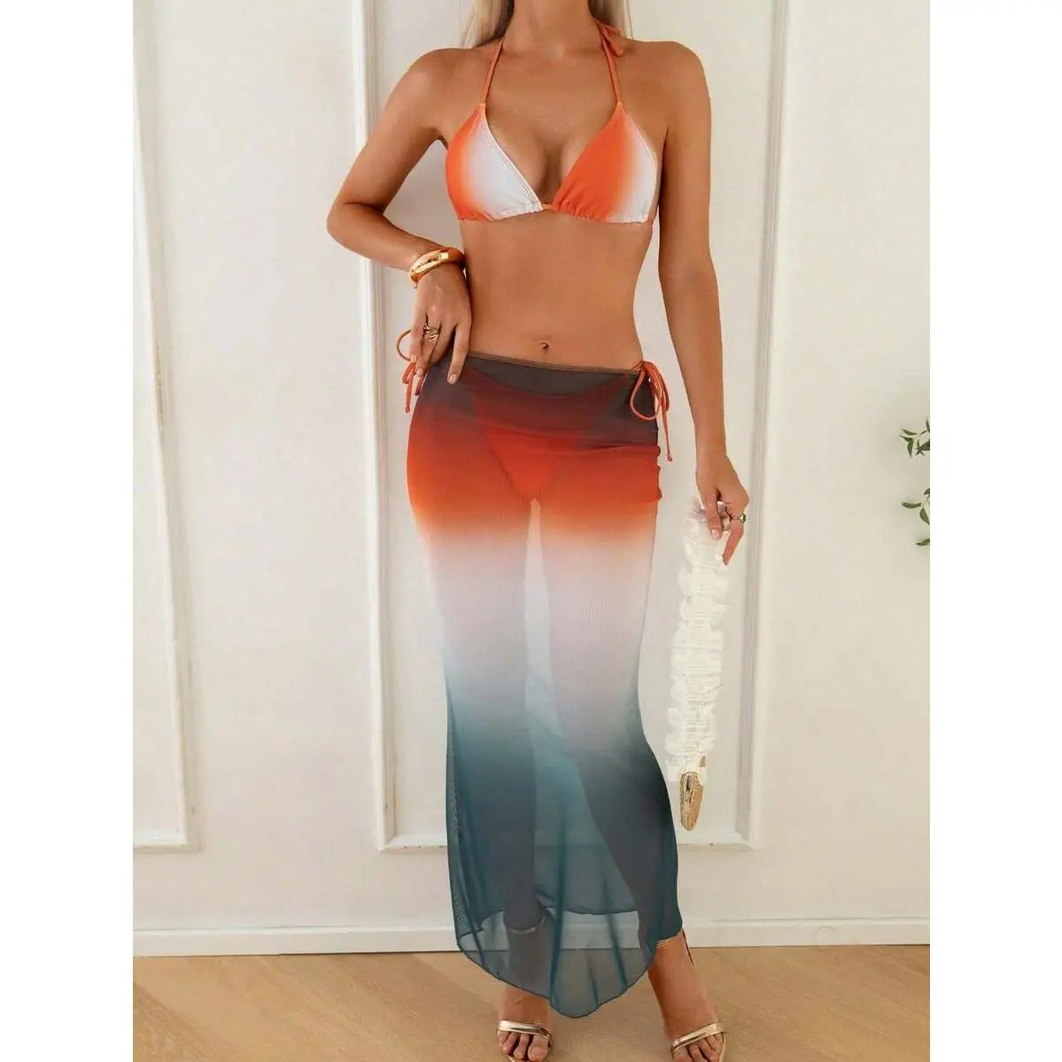 2026 New Orange-White Ombre Triangle Bikini + Mesh Fabric Maxi Skirt 3-Piece Beach Wear Swimwear Set