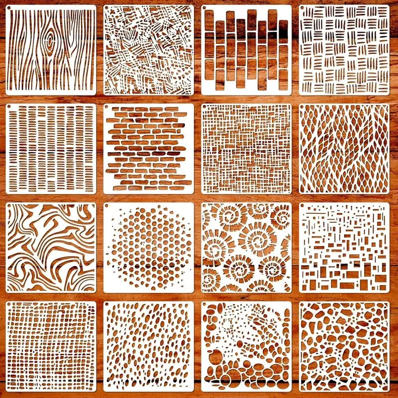 16-piece reusable geometric stencil set, Card making supplies, suitable for wood, flooring, rock painting, and card making, includes various shapes and patterns, can be used for DIY crafts, furniture and flooring design, and painting creation