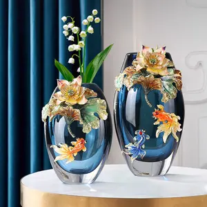 Handmade Glass Vase with Fish & Lotus Design, Oriental High-End Art Collectible, Decor for Living Room, Wine Cabinet & Entryway