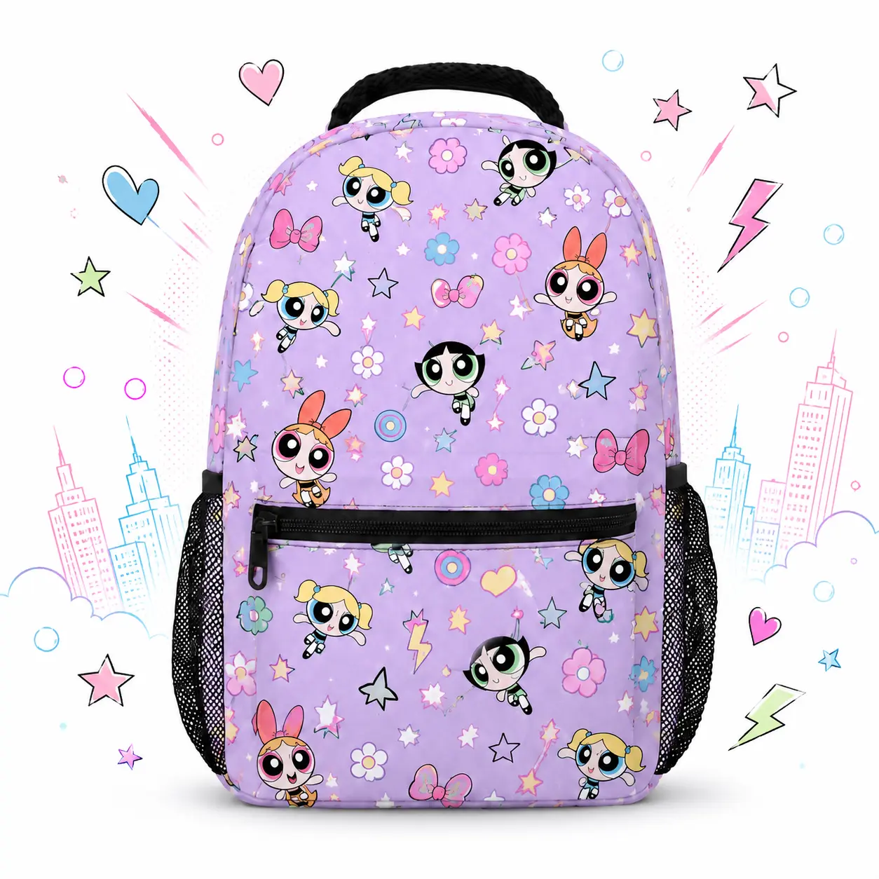Powerpuff Girls Purple Cartoon School Backpack, Cute Kawaii Girls Bookbag with Front Zipper Pocket and Dual Mesh Side Pockets, Back to School Bag for Kids and Teens,sport backpack shopping wow cool