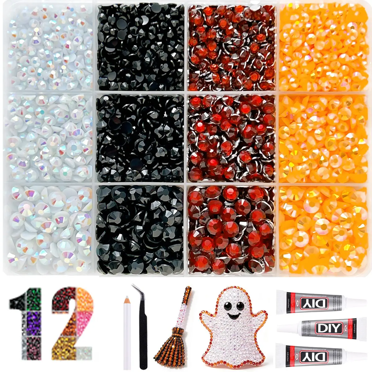 Halloween Nail Rhinestones Kit Black Red Orange Crystal AB Gems, Flatback Rhinestones, Flat Back Nail Art Decorations DIY Crafts Phone Case Accessories with Tools, Jelly Rhinestones, Book Cover, Bling Kit