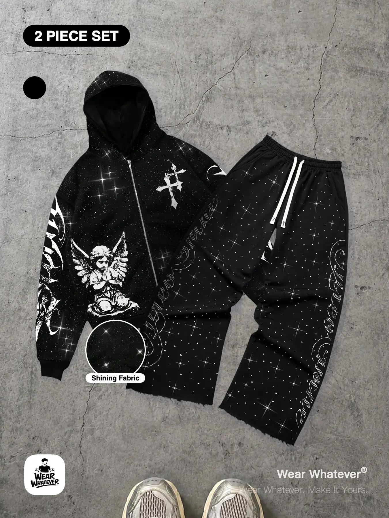 | 2-Piece Set | Menswear Street Style Dark Angel Glitter Stars Zip-Up Streetwear Hoodie + Casual Long Pants, Trendy Urban Fashion, Loose-Fit Graphic Clothing