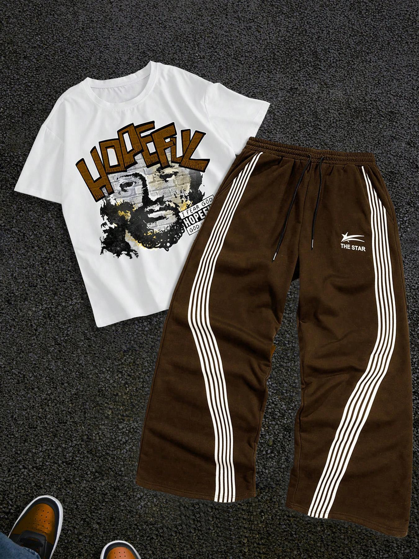 Men's Letter Print Short Sleeve Graphic Tee & Side Stripe Drawstring Waist Pants Two-piece Set, Casual Regular Fit Round Neck T-shirt & Pocket Trousers, Fashion Cozy Breathable Men's Outfits for Spring & Fall