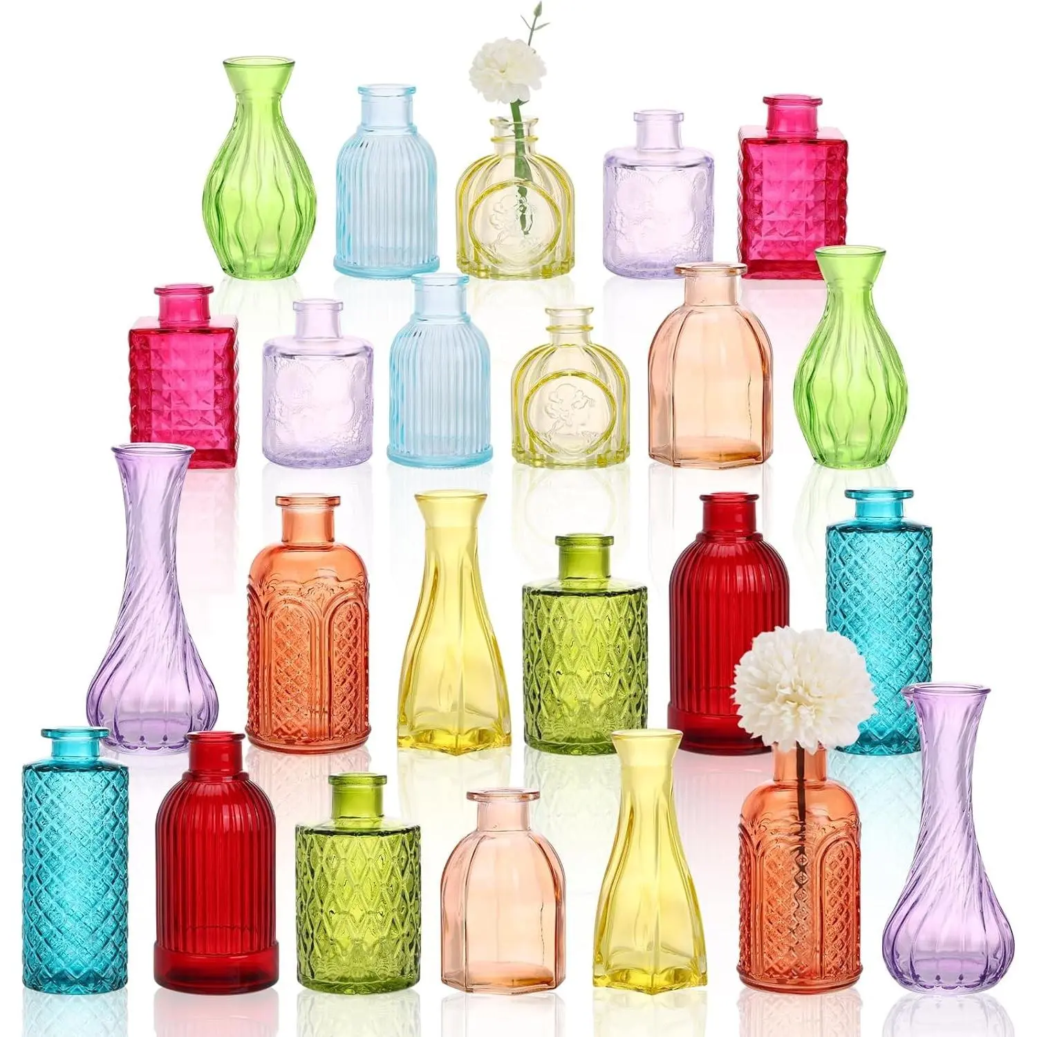 24Pcs Etched Pattern Colorful Vintage Glass Bud Vase Set - Small Decorative Flower Vases for Wedding, Party Decorations, Home Table Centerpieces