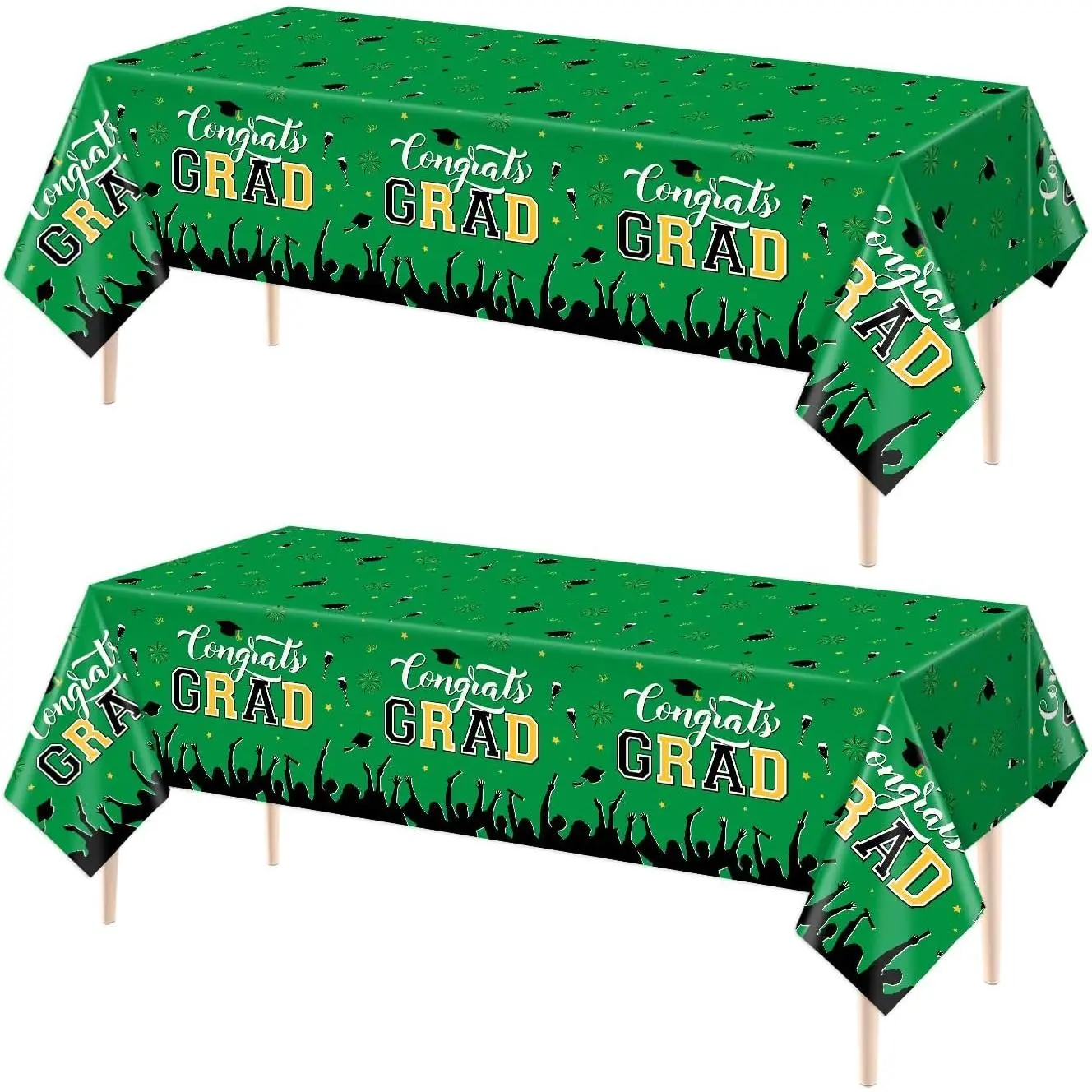 2 count Graduation Theme Rectangular Tablecovers Graduation Dinner Disposable  Table Cover Grad Cap Green Design Plastic Tablecloths for Congrats Grad Party Supplies