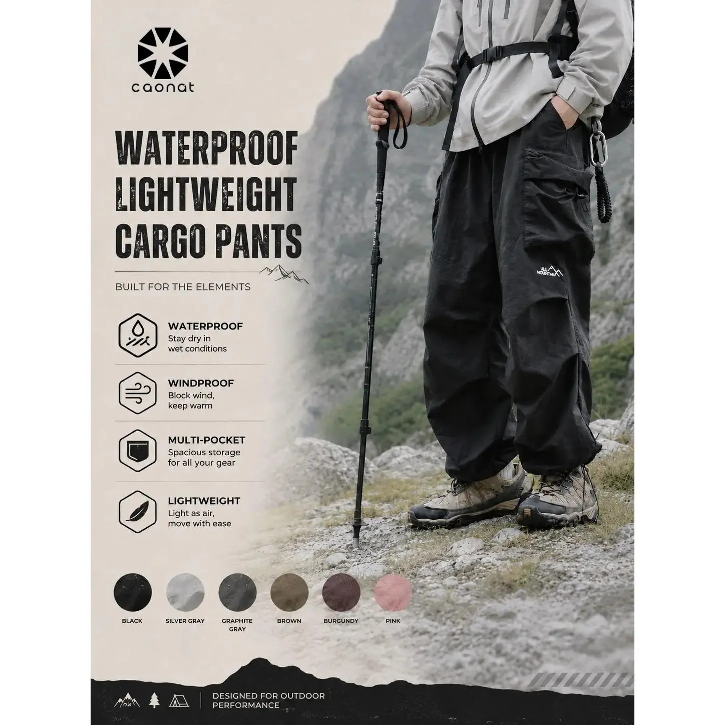 Black Loose-Fit Baggy Cargo Pants for Men, Lightweight Water-Resistant Parachute Trousers with Elastic Waist and Pockets for Gorpcore Streetwear, Fashion Apparel, Mens Clothing, Baggy Pants, Clothes Products, Machine Washable, Baggy Cut, Hip-Hop