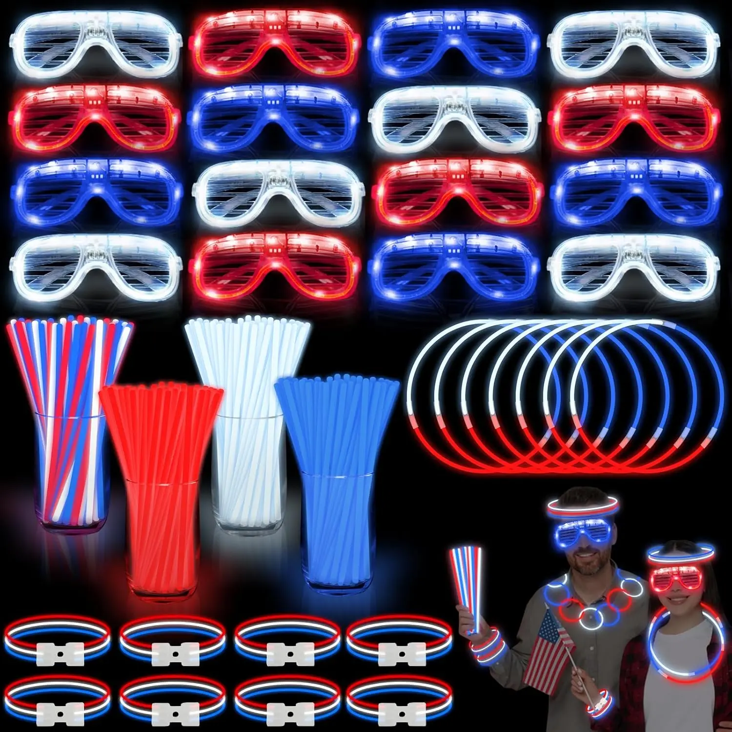 248 Pcs 250th Anniversary 4th of July Light Up Party Favors, 24 Red White Blue Glasses 200 Patriotic Glow Sticks Bulk with Connectors Glow in the Dark Party Supplies Independence Day Decorfidget toys
