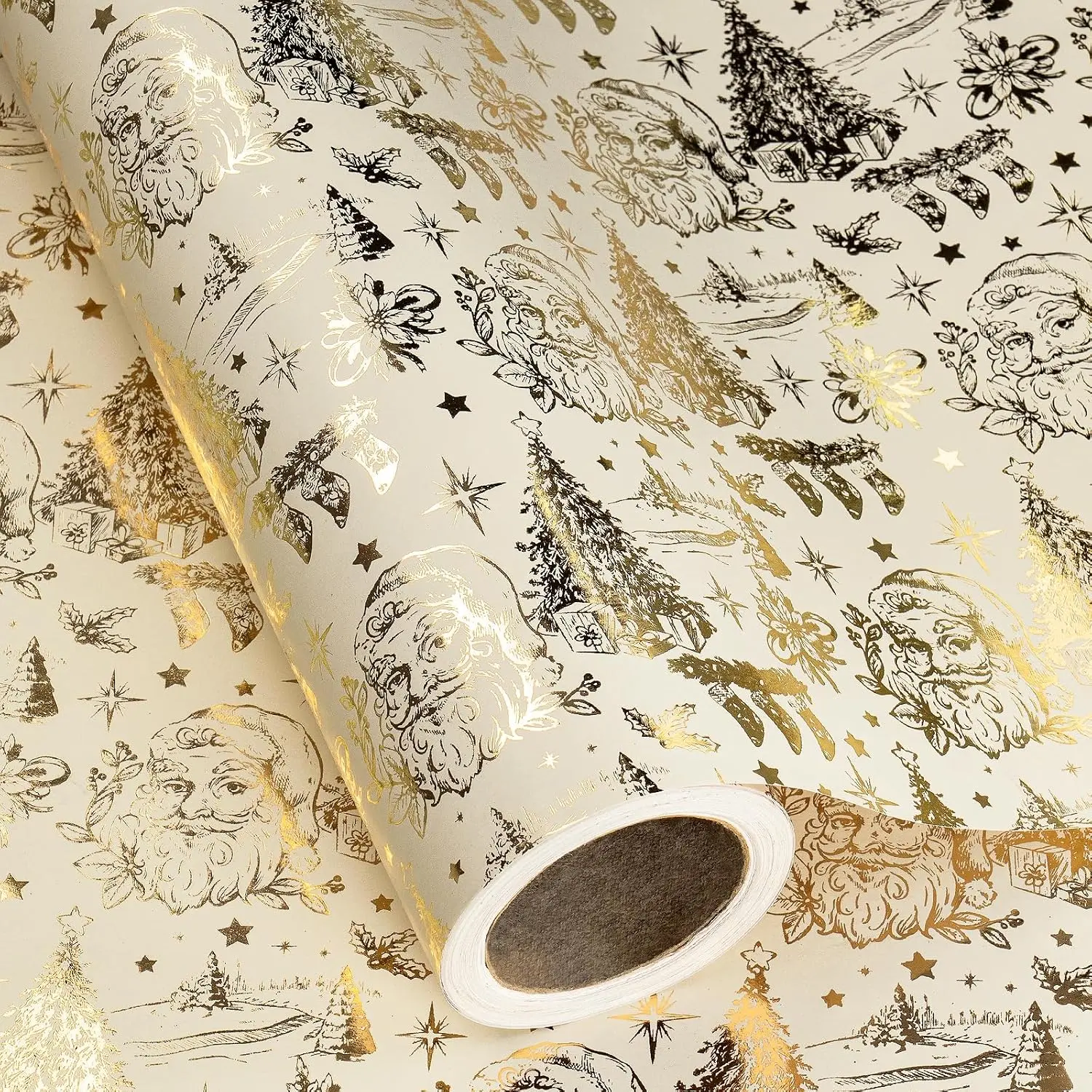 Foil Christmas Wrapping Paper Roll, Mini Roll, White   Santa, Tree & Reindeer Design with Metallic Foil  Wrap Paper for Winter Holiday, Xmas Party, 17 Inches x 16.4