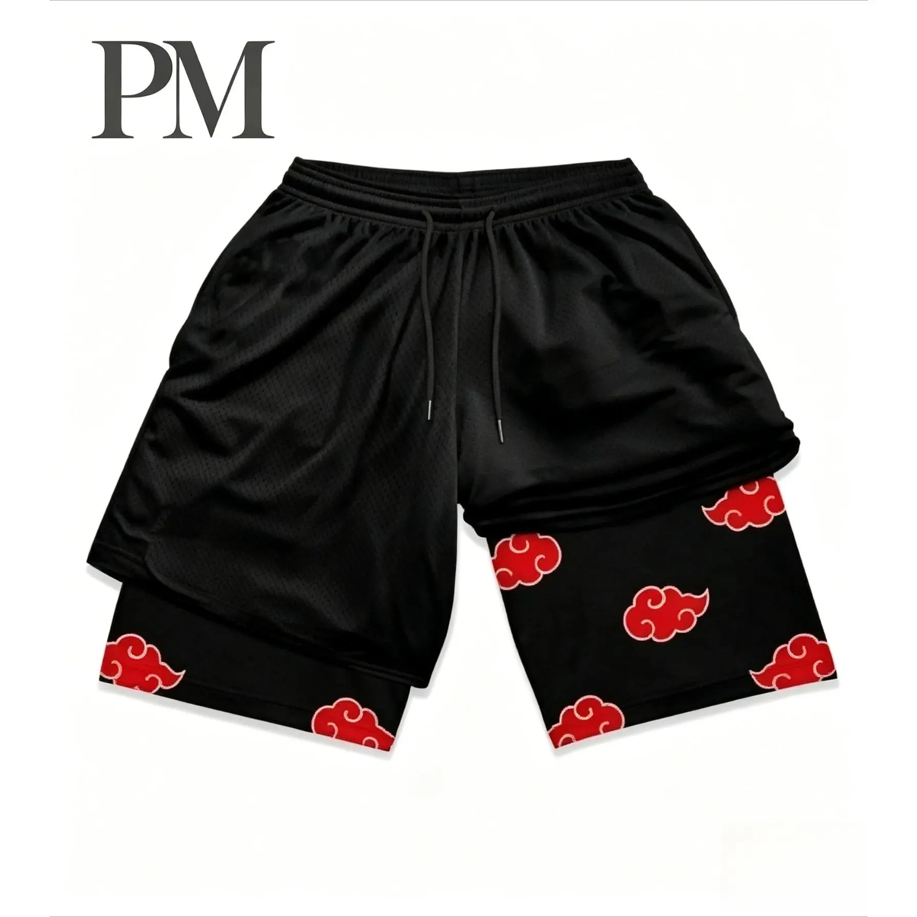 Men Women 2 in 1 Athletic Shorts Akatsuki Red Cloud Print Double Layer Workout Gym Running Shorts Quick Dry Mesh Breathable Compression Liner Drawstring Waist Training Sports Shorts For Summer Beach Holiday Daily Casual Outfit Anime Streetwear Fashion