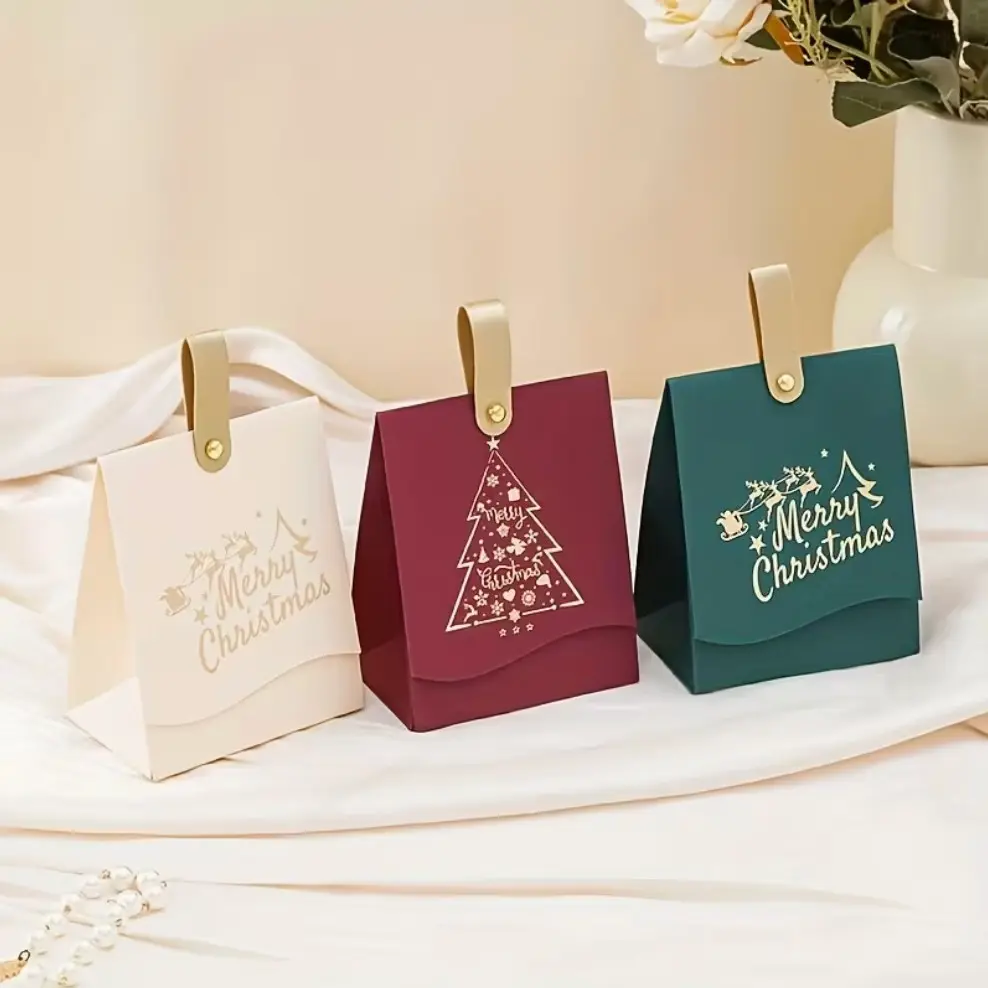 9PCS Christmas Gift Boxes with Leather Handles, Christmas Tree Favor Boxes for Cookies, Candy, Chocolate & Holiday Gift Packaging， Ideal for Business Preparations, Christmas Decorations