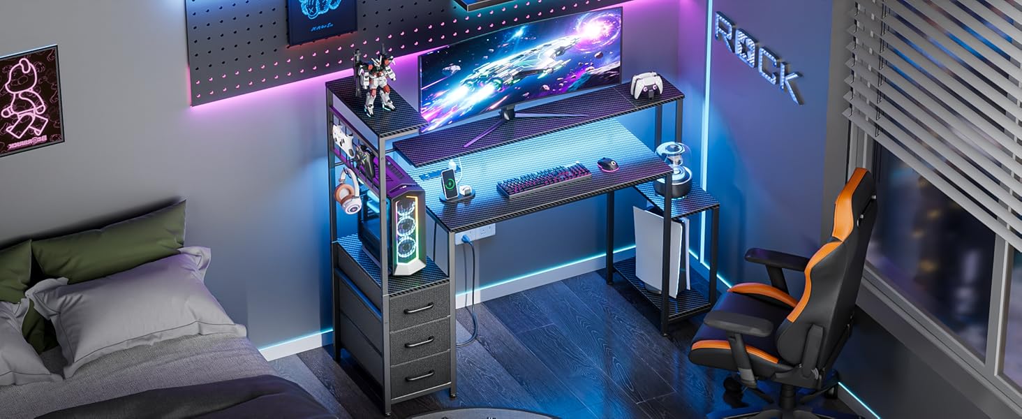 48 Inch Gaming Desk with LED Lights & Power Outlets,Computer Desk with Fabric Drawers & Side Hook,Reversible Gamer Table with Monitor Stand for Game Room,Home Office,Carbon Fiber Black