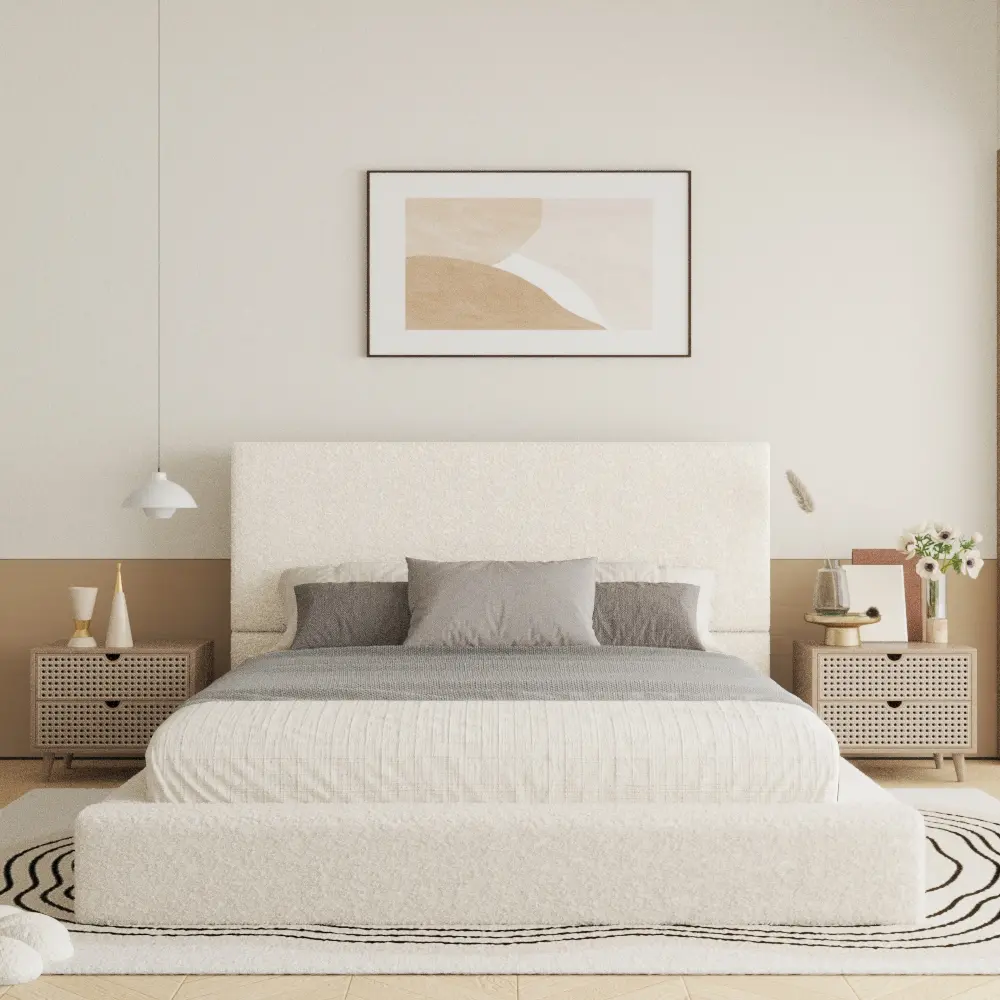 Cream Queen Size Marshmallow Cloud Boucle Upholstered Platform Bed Frame - Minimalist, Cloud-Like Texture, Durable Metal Square Base, Thick Wide Bedside, Elegant Headboard, Terry Cloth Accent, Effortless Assembly, Premium Bedroom Upgrade