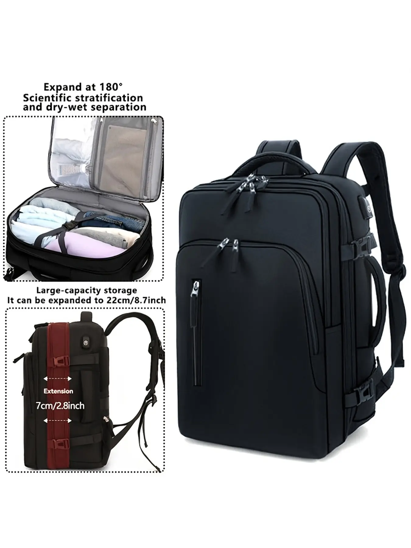 Men's Expandable Travel Backpack 40L, Large Capacity 15.6 Inch Laptop Bag, 180 Degrees Full Open, Breathable Stress Relief, Business Trip Backpack, Breathable Daypack