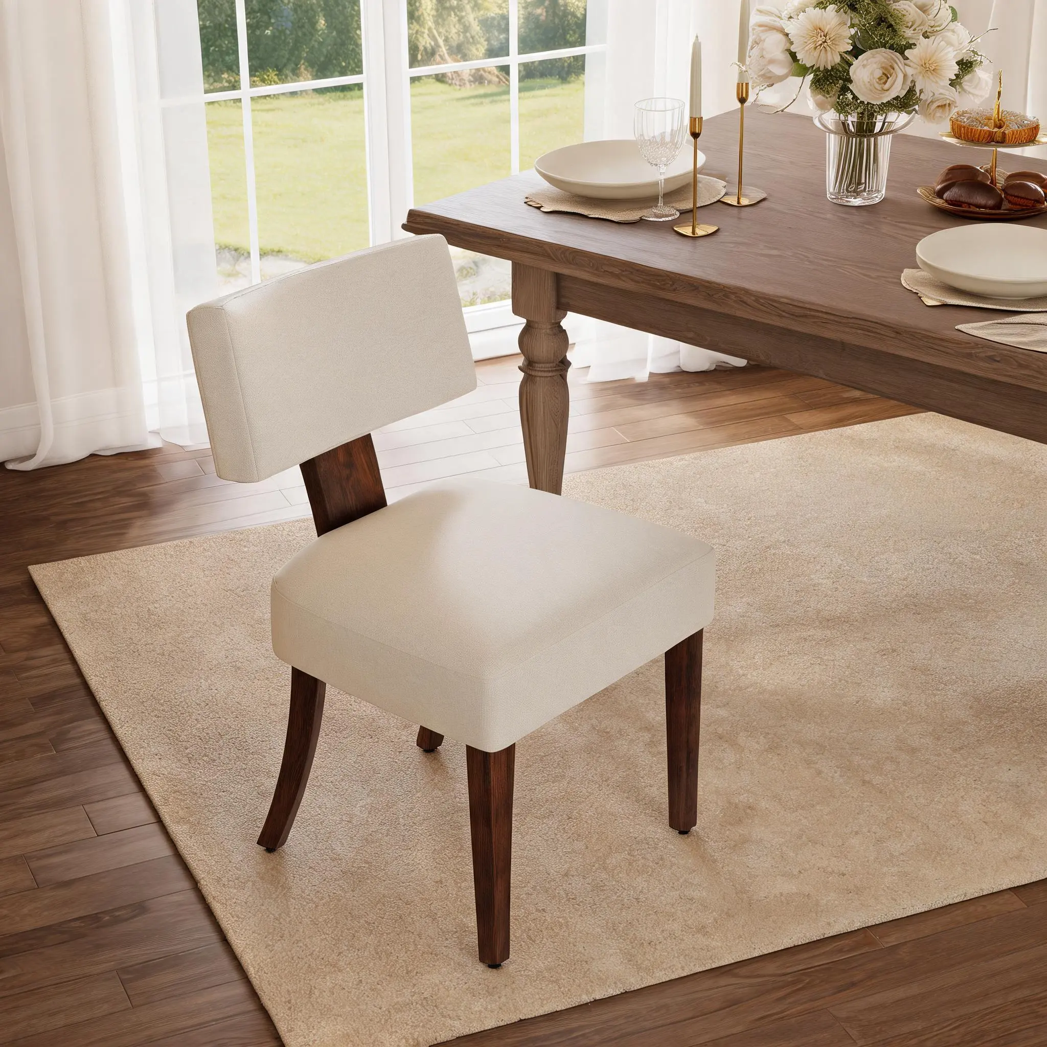 Set of 2 Mid-Century Modern Dining Chairs, Chenille Upholstered Accent Chairs with Curved Backrest, Sturdy Hardwood Frame & Brown Wooden Legs, Farmhouse Style