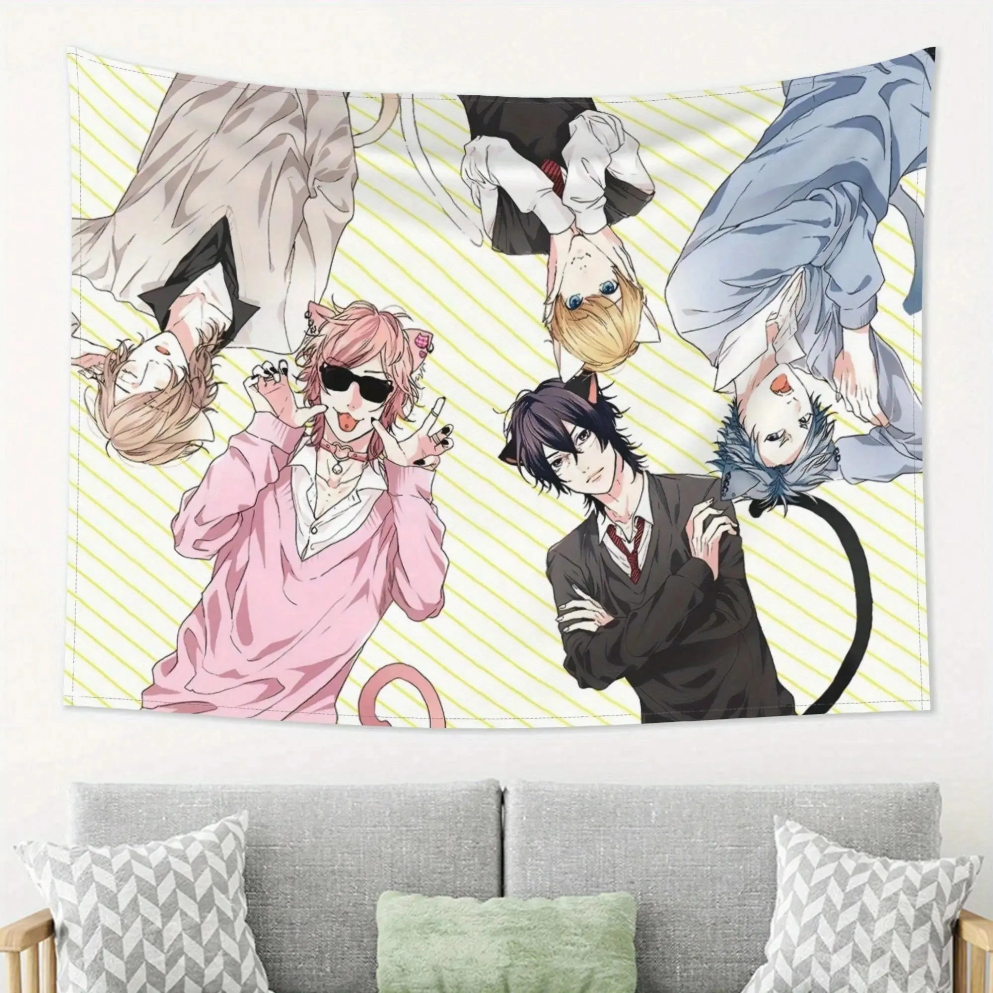 Kawaii Neko Boys Polyester 2D Print Wall Tapestry - Lightweight Hanging Whimsical Room Decor Backdrop, Ideal for BL Anime Fans, Perfect for Dorm Bedrooms