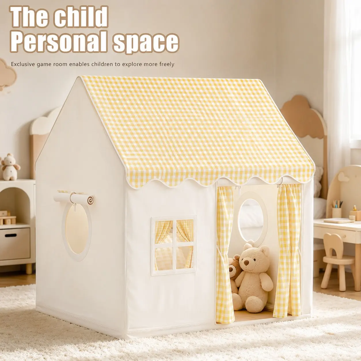 Kids Playhouse Tent with Round Grid Windows, Checked Side Windows, Portable Play Tent for Imaginative Play, Fun Outdoor Activity Center, Pretend Play Tent