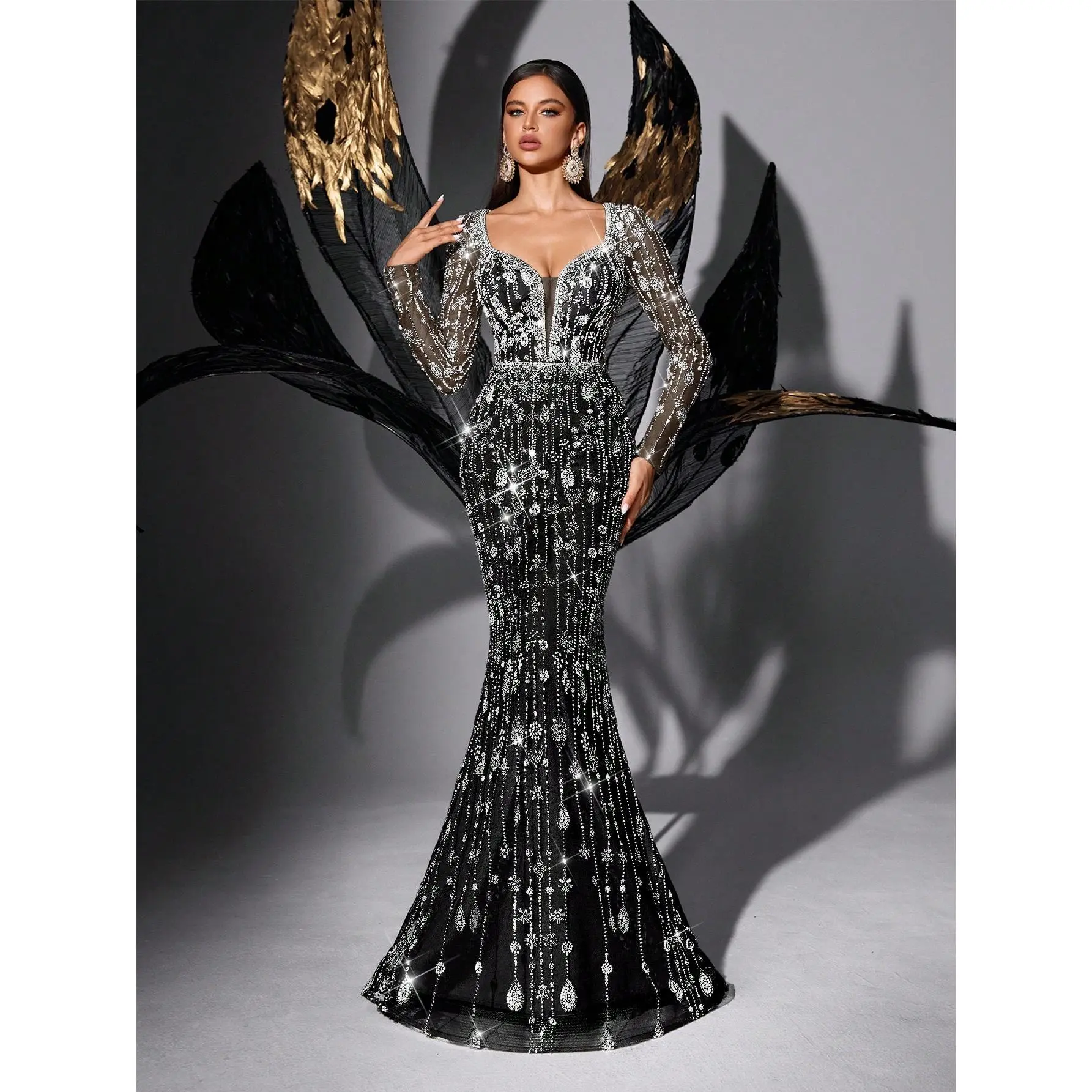 Sparkling Full-Sequin Deep V Long Sleeve Mermaid Evening Gown Elegant Design for Weddings & Galas Mermaid Silhouette