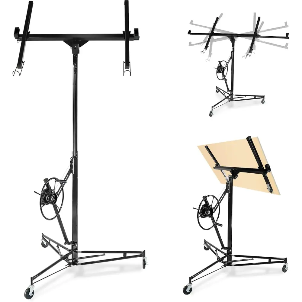 Drywall Lift 16FT Heavy Duty, 150lb Capacity Sheetrock Hoist with Telescopic Arm & Locking Wheels, Steel Panel Lifter for Ceiling Installation, One-Person Drywall Tool for Construction, Remodeling