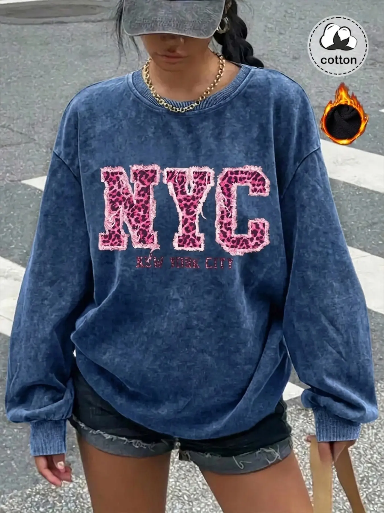 Women's Vintage-Style Casual Washed & Distressed NYC Leopard-Print Letter Crewneck Sweatshirt – Fleece-Lined, Thick, Oversized, Relaxed Fit – Autumn/Winter Long-Sleeve Top