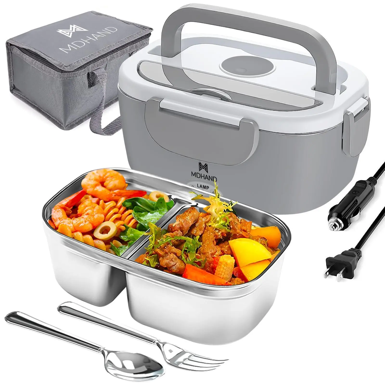 3 in 1 Electric Lunch Box Food Heater, 65W Fast Heating Steel Tableware Set with Tray, Container & Lid for Car, Home