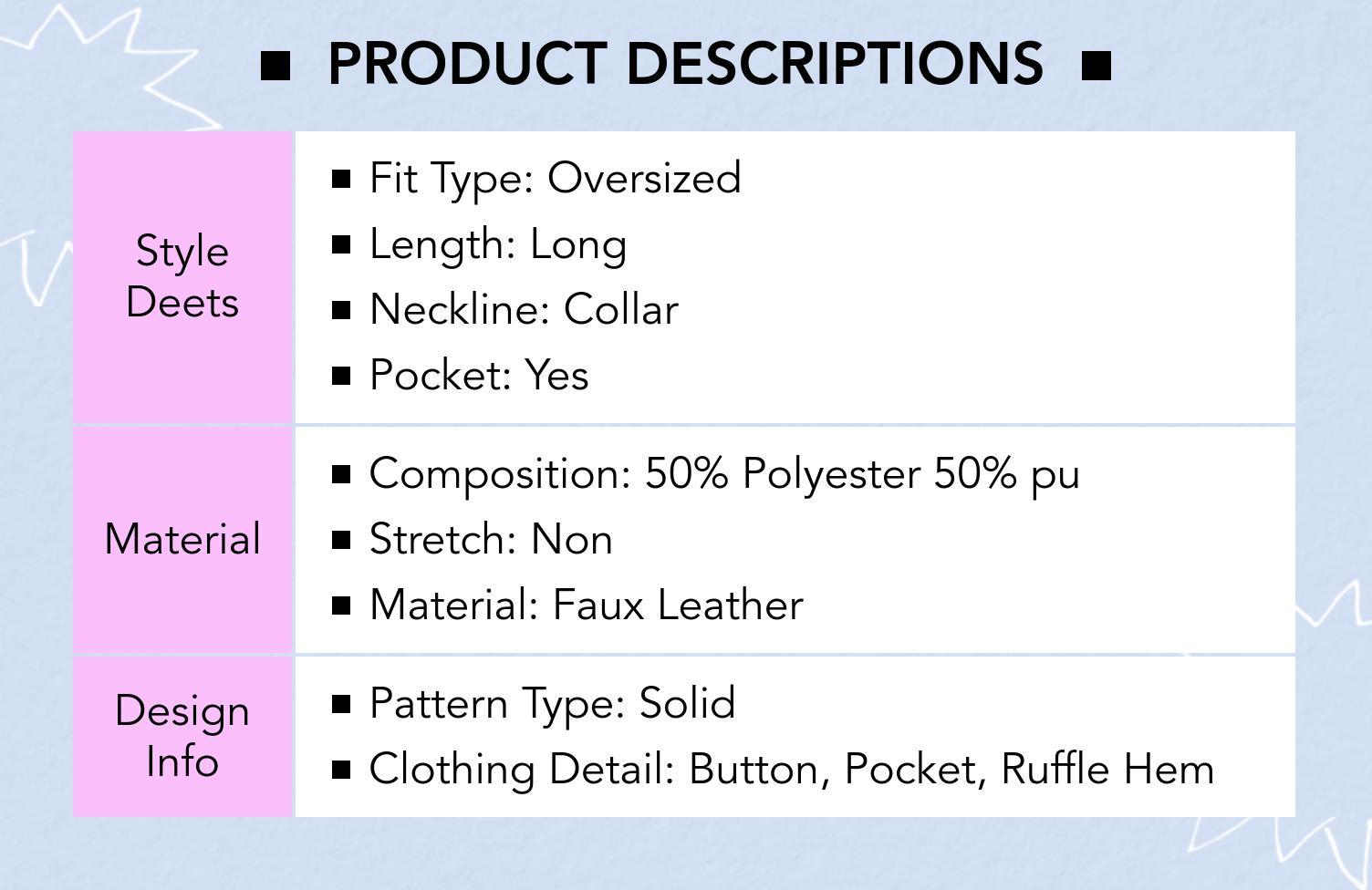 Cider [2 colors, size 2-10] Faux Leather Collar Solid Ruffle Hem Button Pocket Oversized Jacket