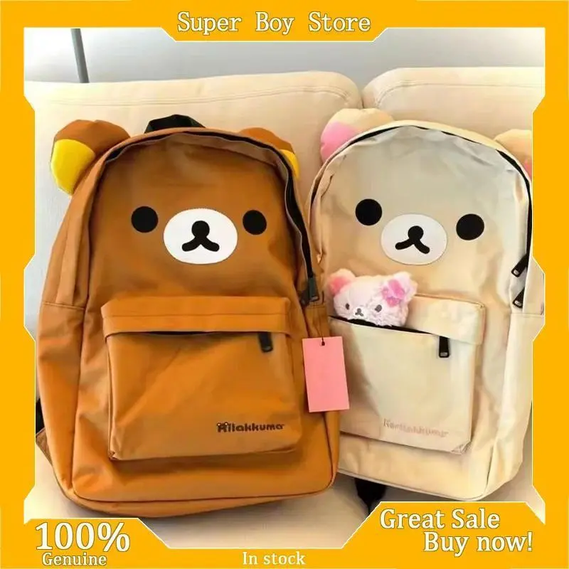 Kawaii Graphic Rilakkuma & Korilakkuma Embroidery Waterproof Nylon Backpack, Large-Capacity Kids Bookbag for Elementary School Girls, Home Organizer Storage Bag, Kids Backpack