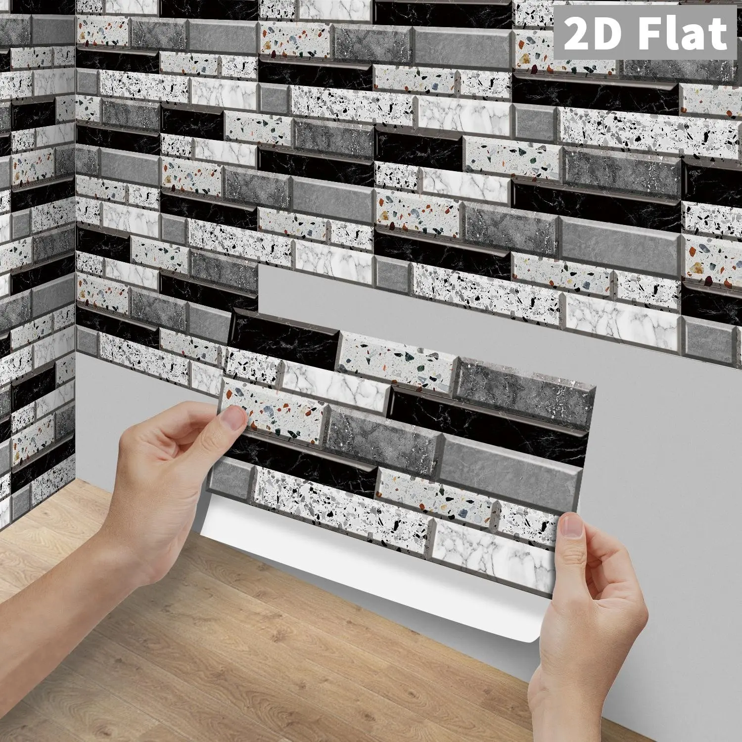6/12/24/48Pcs FG Black White Grey Terrazzo Peel and Stick Backsplash Tiles, Waterproof Self-Adhesive PVC Crystal Decorative Mosaic Wall Stickers Decals for Kitchen Bathroom DIY Decor