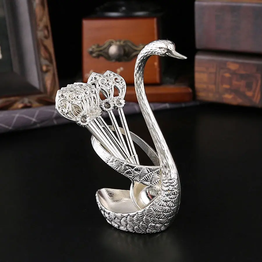 Metal Swan Spoon Set, Luxury Fruit Dessert Spoons, Vintage Swan Design, Home Coffee Spoon Combo, Elegant Kitchen Utensils