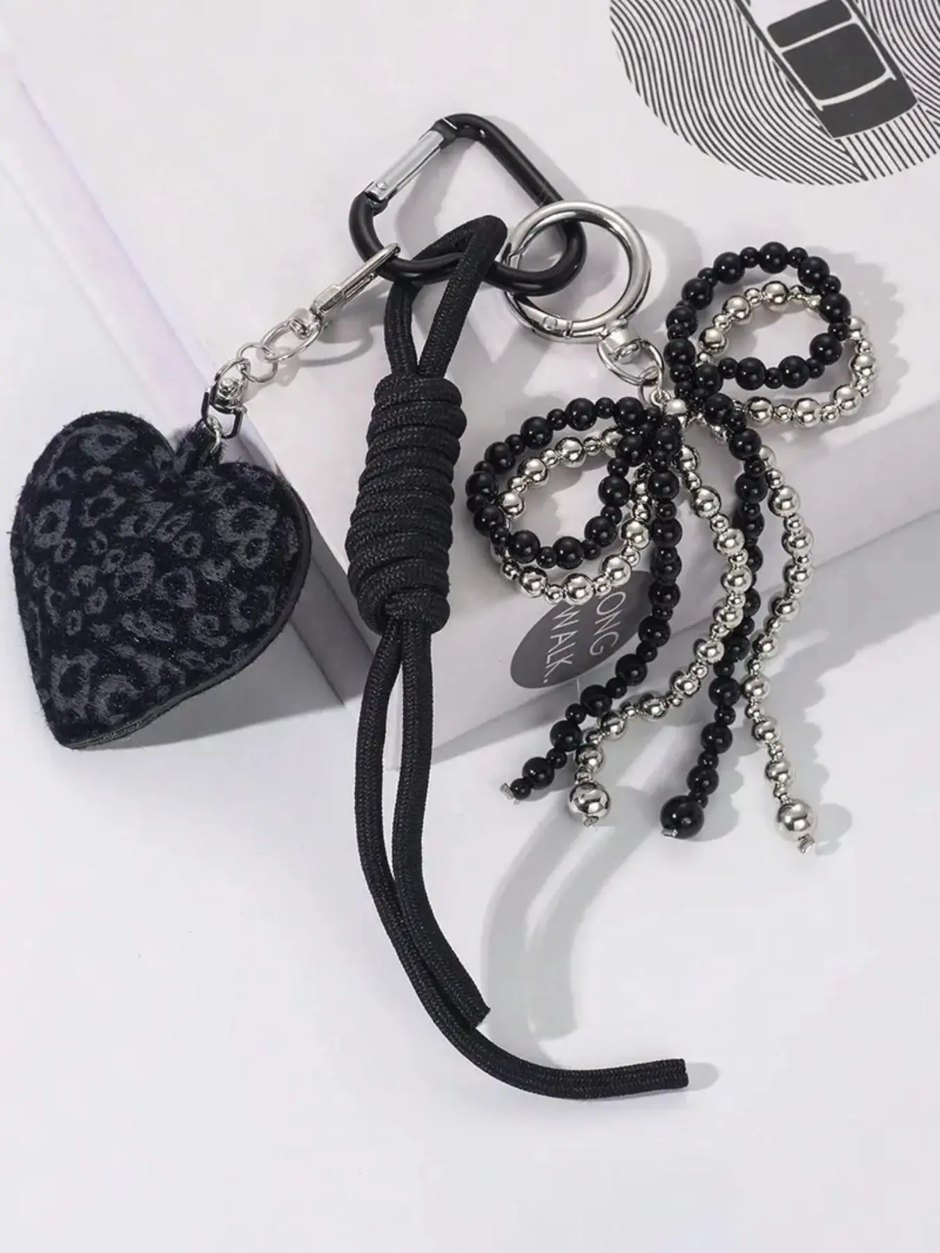 Plush Leopard Heart Braided Rope Bag Pendant, Multi Beaded Tassel Bag Charm, Detachable Carabiner Keychain for Handbag Backpack