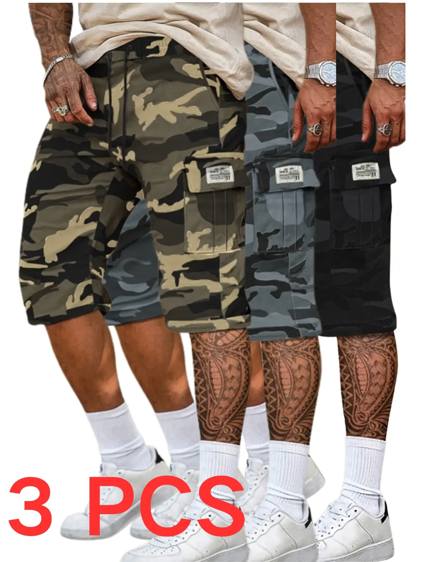 Men's Camouflage Seven-Quarter cargo shorts Set, Drawstring Casual Shorts, Multi-Pocket Drawstring Waist, Loose Straight Leg, Durable Outdoor Pants, Three Colors Available