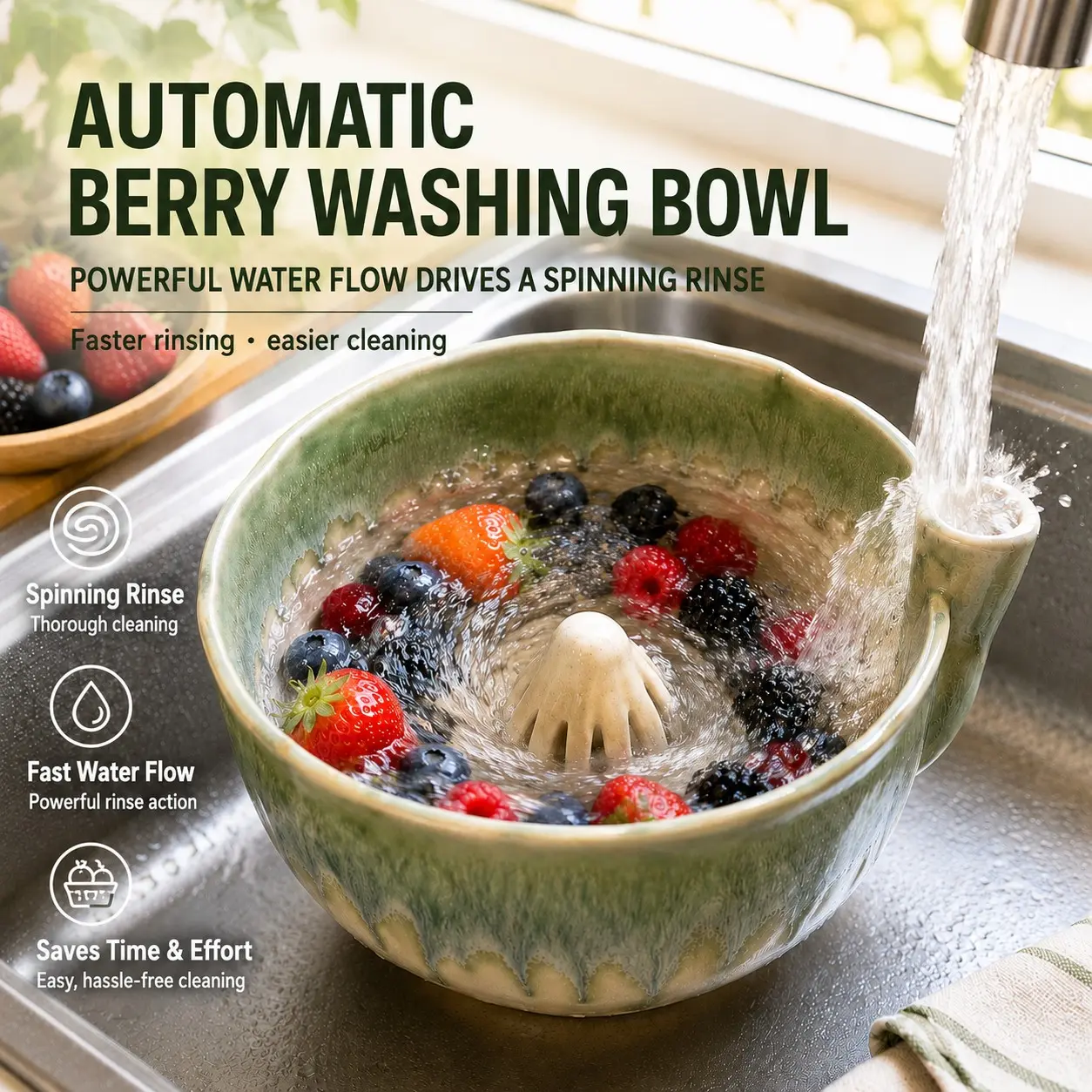 Automatic Berry Washer Bowl, Rotating Fruit Cleaning Basket, Water Flow Power, Kitchen Must Have Gadget, Efficient Food Prep Tool