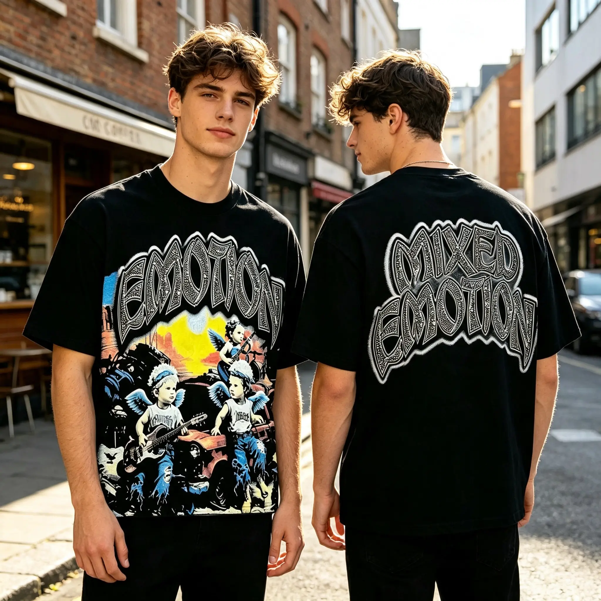 Oversized Baggy Graphic Tees - Midnight Music Artistic Angel Band Print, Bold Vintage-Inspired Casual Streetwear, Ideal for Concert Nights & Urban Outings, Pair with Joggers, Flannel, Cap (Sports Top)