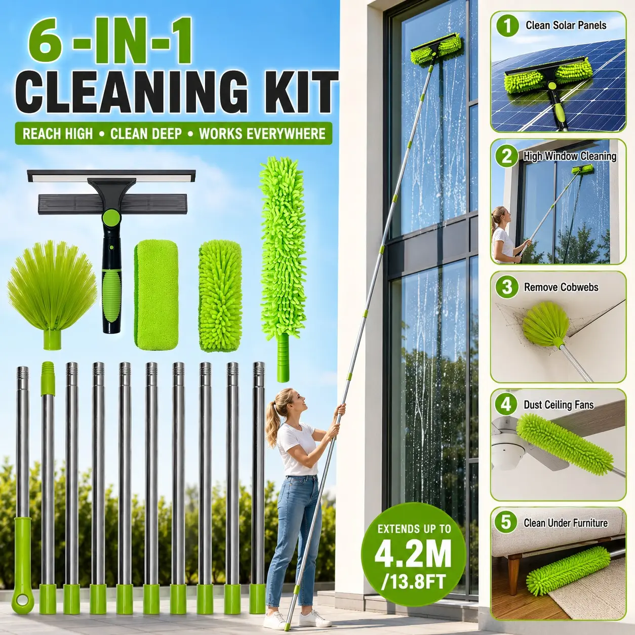 6-in-1 Window Cleaning Kit with 13.8FT Extension Pole, Glass Squeegee, Chenille Duster, Cobweb Brush & Cleaner, Long Reach Cleaning Tool for Solar Panels, High Windows, Ceiling Fans & Under Furniture