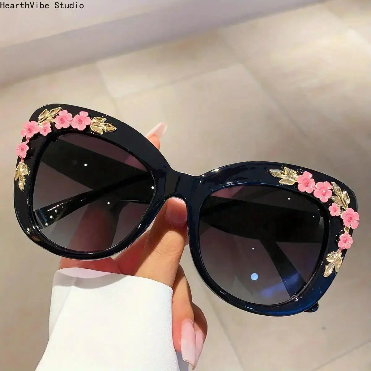 Women's Vintage Cat Eye Floral Sunglasses, Oversized Semi-Rimless Blush Pink Print Sun Glasses, Anti Blue Light Blocking Lens, Gold Leaf Accents Elegant Eye-Shaped Eyewear, Durable Formal Wear Accessories