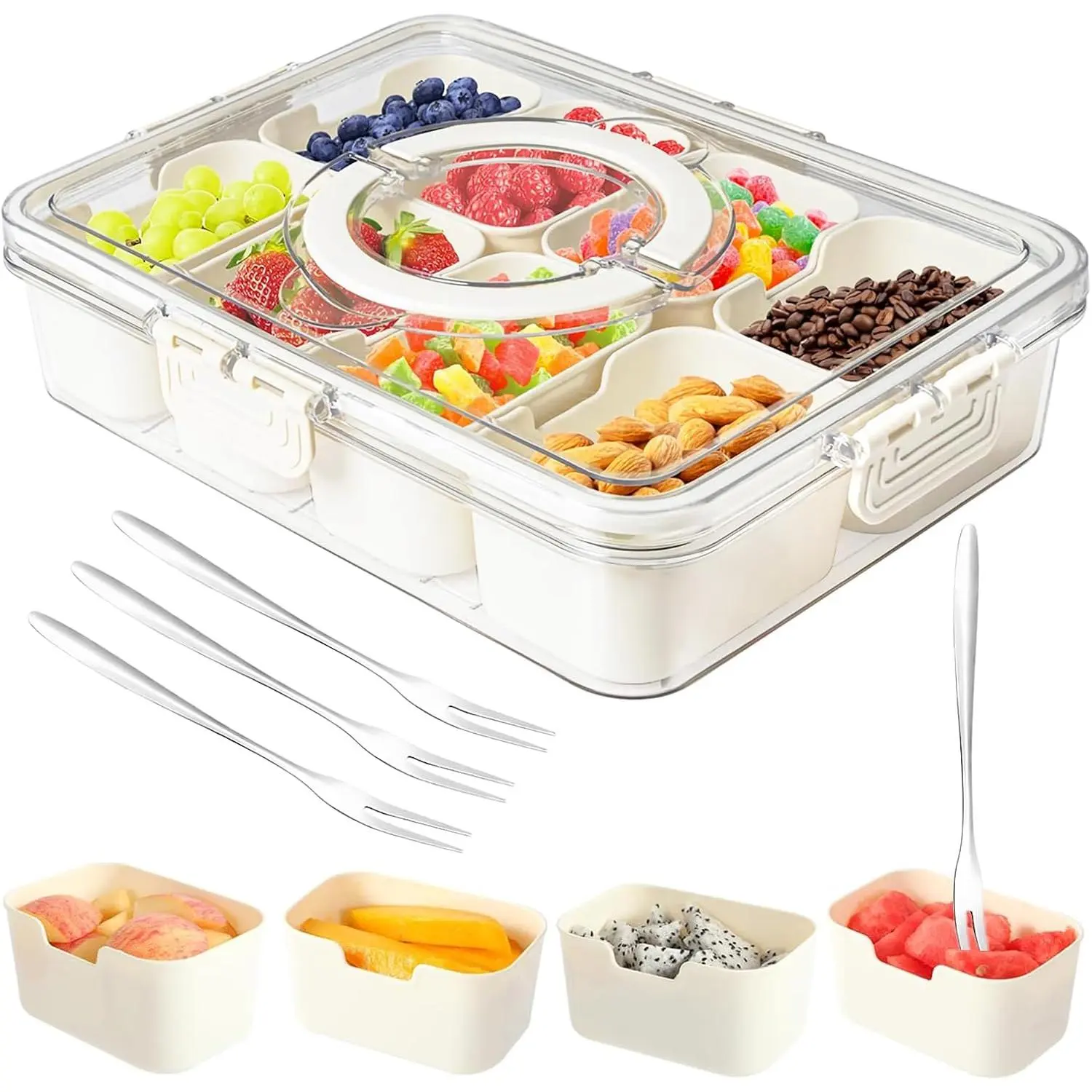 Snackle Box Container,Portable Snack Box 8 Compartment Divided Serving Tray with Lid,Clear Storage Organizer for Fruit Candy Nuts Veggie-Perfect for Road Travel Party (1 Pack-8 Compartments)