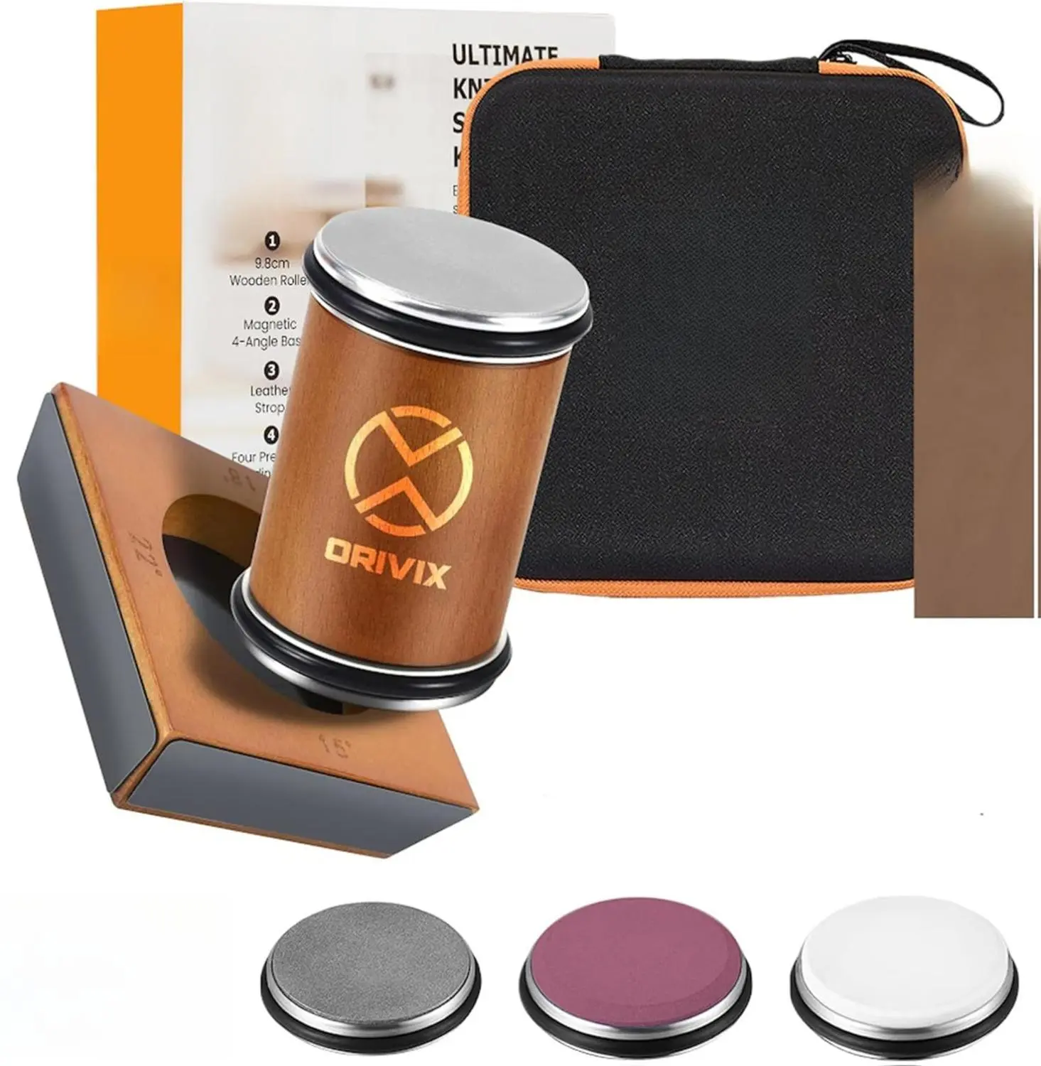 Rolling Knife Sharpener Kit – Magnetic 4-Angle Base, 3.86 Inches Longer Wooden Roller, 4 Grit Discs (1000/400 Diamond & 3000 Maroon / 6000 White Ceramic) and Leather Strop
