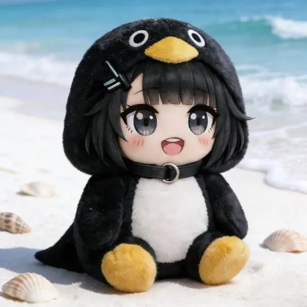 23cm Chibi Girl Penguin Outfit Plush Doll - Adorable Design, Fluffy Fabric Stuffed Toy with Collar Accessory, Cute Mini Animal Stuffed Toy for Girls Anime Fans, Home Decor Parent-Child Interaction Gift, Adorable Design Stuffed Toys