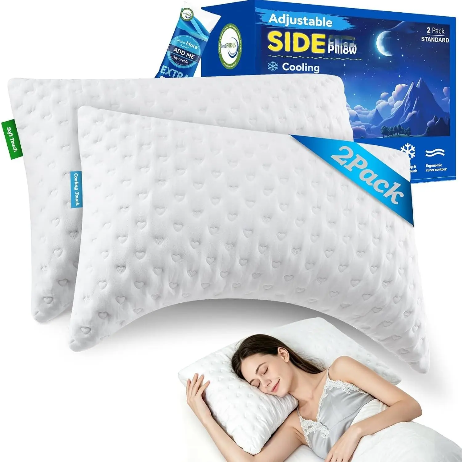 Side Sleeper Pillows for  &  Comfort -  Curved Crescent Design, Adjustable Shredded Memory , Cooling & Soft Cover, Extra Fill Included, Standard Size Pillows Set of 2