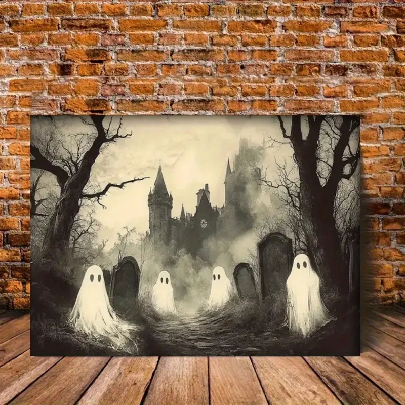 1 piece solid wood frame Gothic castle ghost wall painting, Canvas decor painting - Halloween decoration, textured finish, can be hung in the living room, bedroom, farmhouse home decor, suitable for Christmas, New Year gifts, art piece