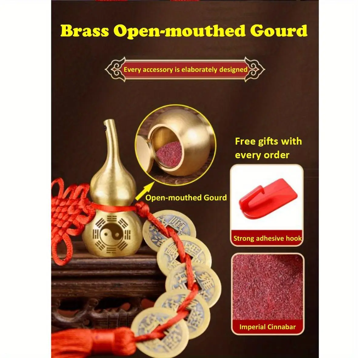 Brass Fengshui Decorative Ornament Set - 5-Piece Emperor Coins, Open Gourd for DIY Fill, Golden Brass Shine Pops, Wealth & Protection Amulet, 2 Strong Easy-Install Non-Toxic Adhesive Hooks, Vermilion Powder, Home & Business Decor, Car Accessory