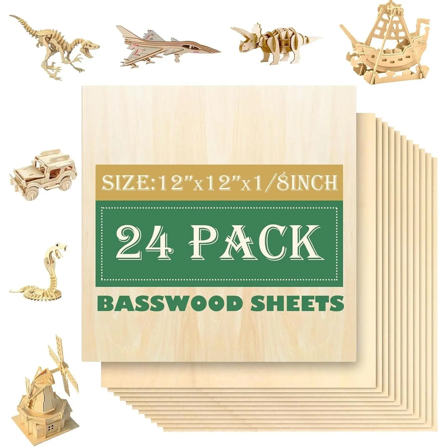 24 Pack 12"x12" Basswood Sheets 1/8" (3mm) - Unfinished Plywood for Laser Cutting, DIY Crafts, Ornaments, Models, Drawing, Painting, Engraving & Wood BurningGift
