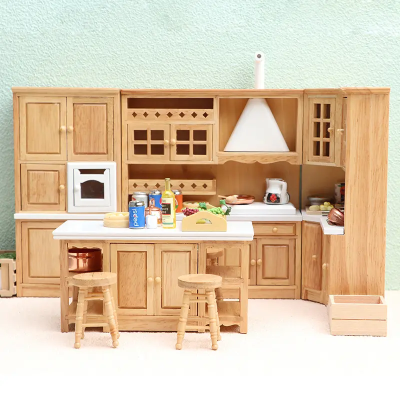 Classic Natural Wood Island Kitchen 1:12 Miniature Doll House Furniture for Dollhouse Scene Decor, Perfect Gift Idea