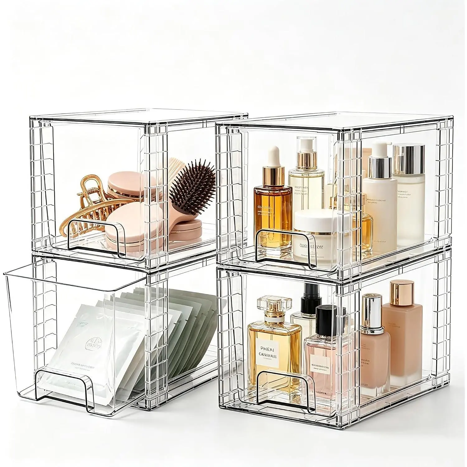 4 Pack Stackable Acrylic Storage Drawers – Clear Plastic Organizer Bins, Easy to Assemble, Suitable for Bathroom, Undersink, Kitchen, Pantry, Makeup, Medicine Organization