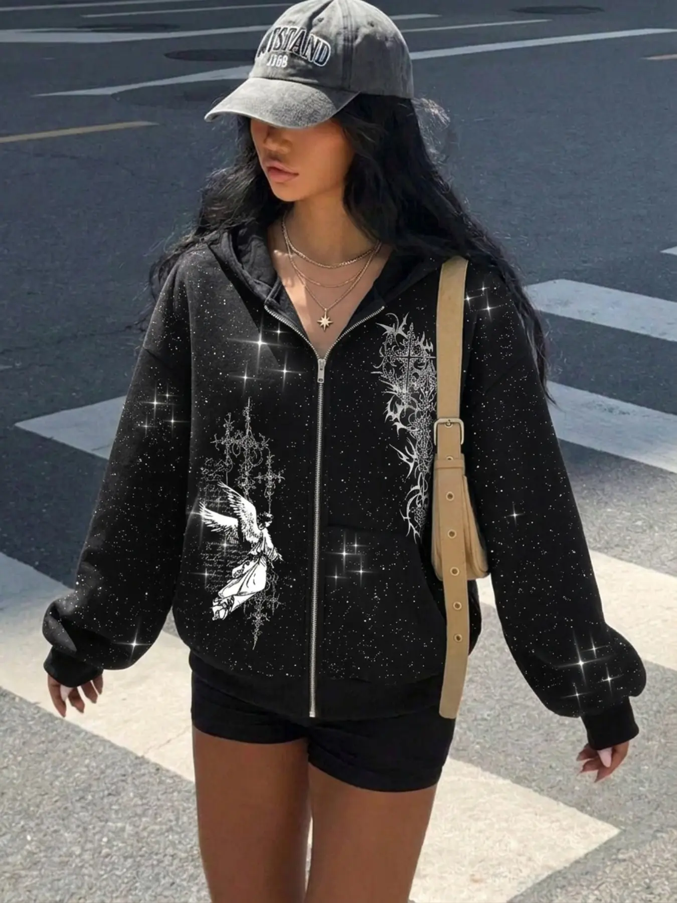Women's Dark Angel Cross Print Glitter Zipper Hooded Sweatshirt, Subculture Oversize Casual Hoodie, Fall & Winter Fitted Top, Oversized