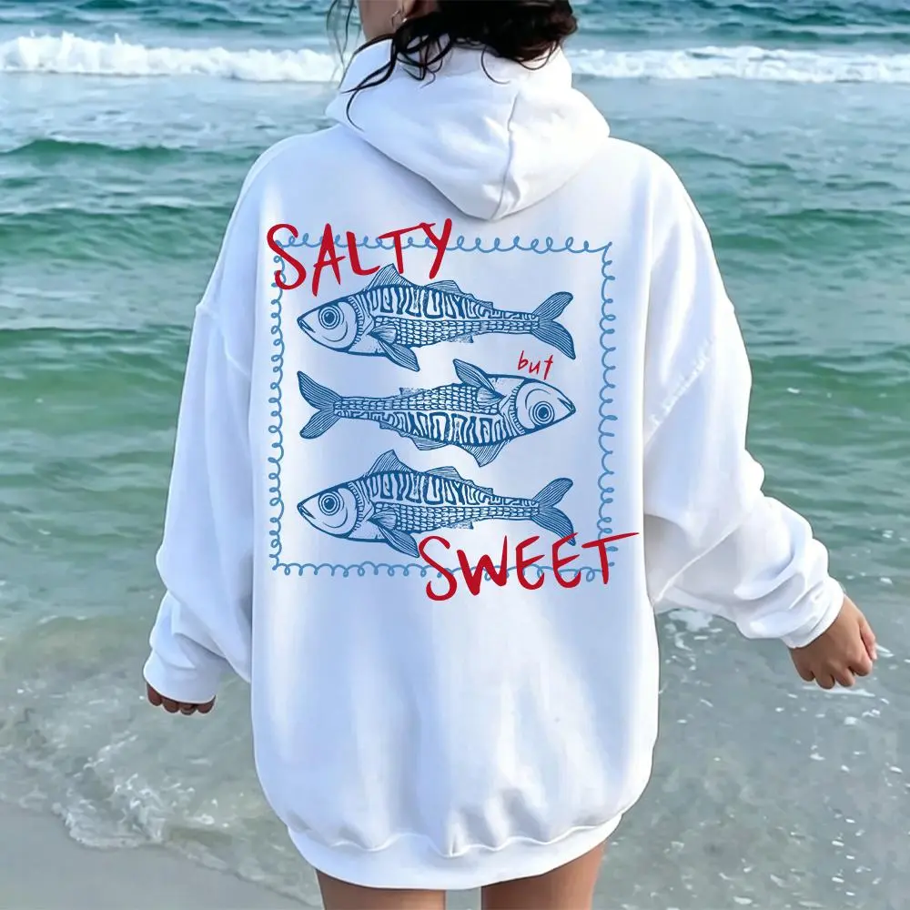 Unisex Hooded Pullover Sweatshirt Soft Cotton Polyester Blend, Funny Salty But Sweet Fish Graphic Oversized Long Sleeve Hoodie with Pocket, Pre-Shrunk Essential Streetwear for All-Season Daily Wear, S-5XL Comfort